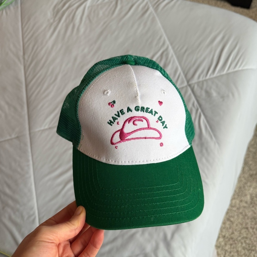 PacSun Green White Trucker Hat SnapBack with Cowgirl Hat Embroidery Pink